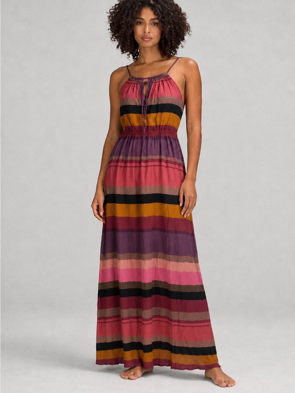 Laura Ashley Striped Spaghetti‑Strap Maxi Dress in Pink, Purple & Mustard